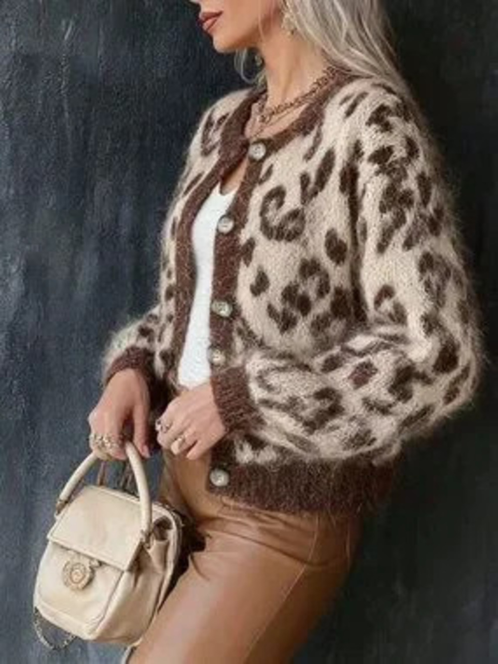Coffee Brown Women's Leopard Print Short sweater Cardigan